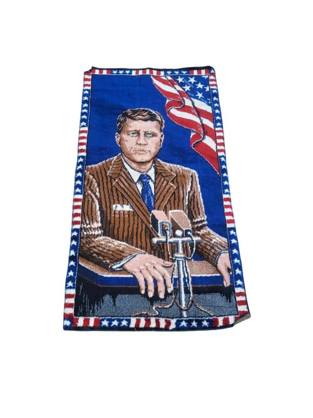 Vintage Woven Tapestry Blanket Featuring John F. Kennedy With American Flag Bord
